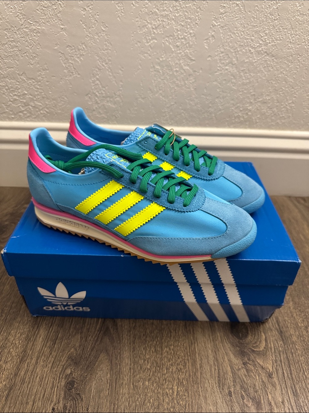 adidas SL 72 OG Blue Retro Runner with Neon Yellow Stripes and Green Laces